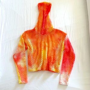 Neon tie die open net long sleeve hoodie.